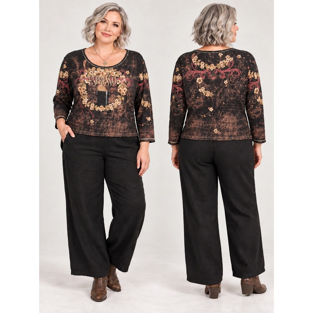 Boho Y2K 90s All Over Print Espresso Brown Black Rhinestone 3/4 Sleeve 1X Top